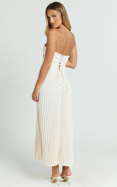Loretta Midi Dress Lace Up Back Bustier Pleated Dress in Cream